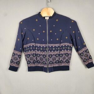 Knox Rose Jacket Womens Large Navy Blue Embroidered Boho Zip Front‎ Lined Bomber